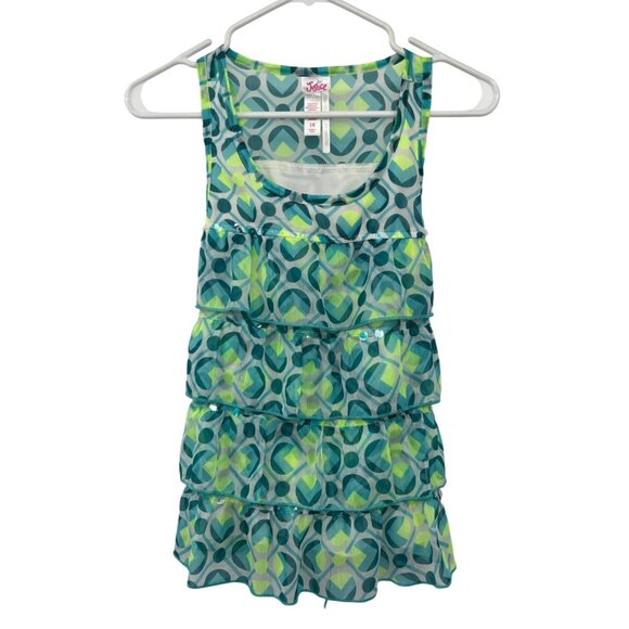 Justice Other - Justice Girls 16 Sleeveless Tiered Blouse Blue Lime Shimmer Ruffle Top Used